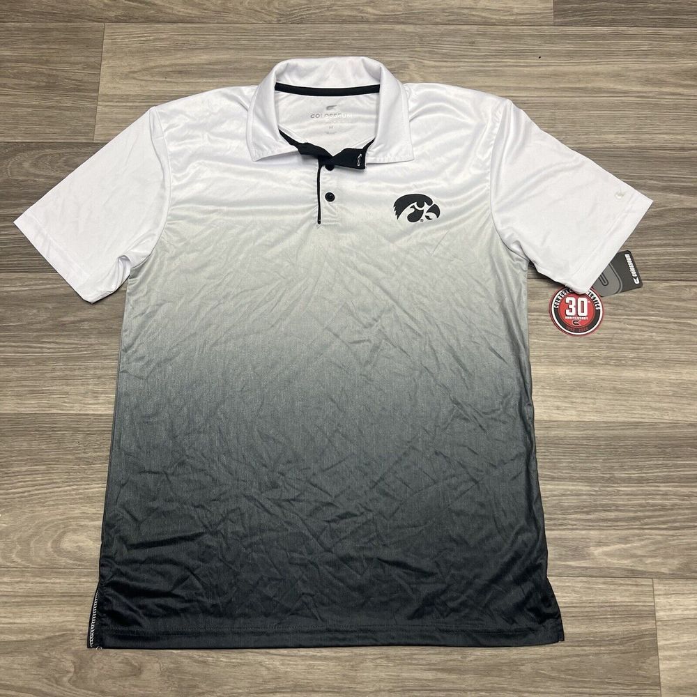 Iowa Hawkeyes Polo Shirt Men Medium Stripe Black Gray White Logo Golf Clark